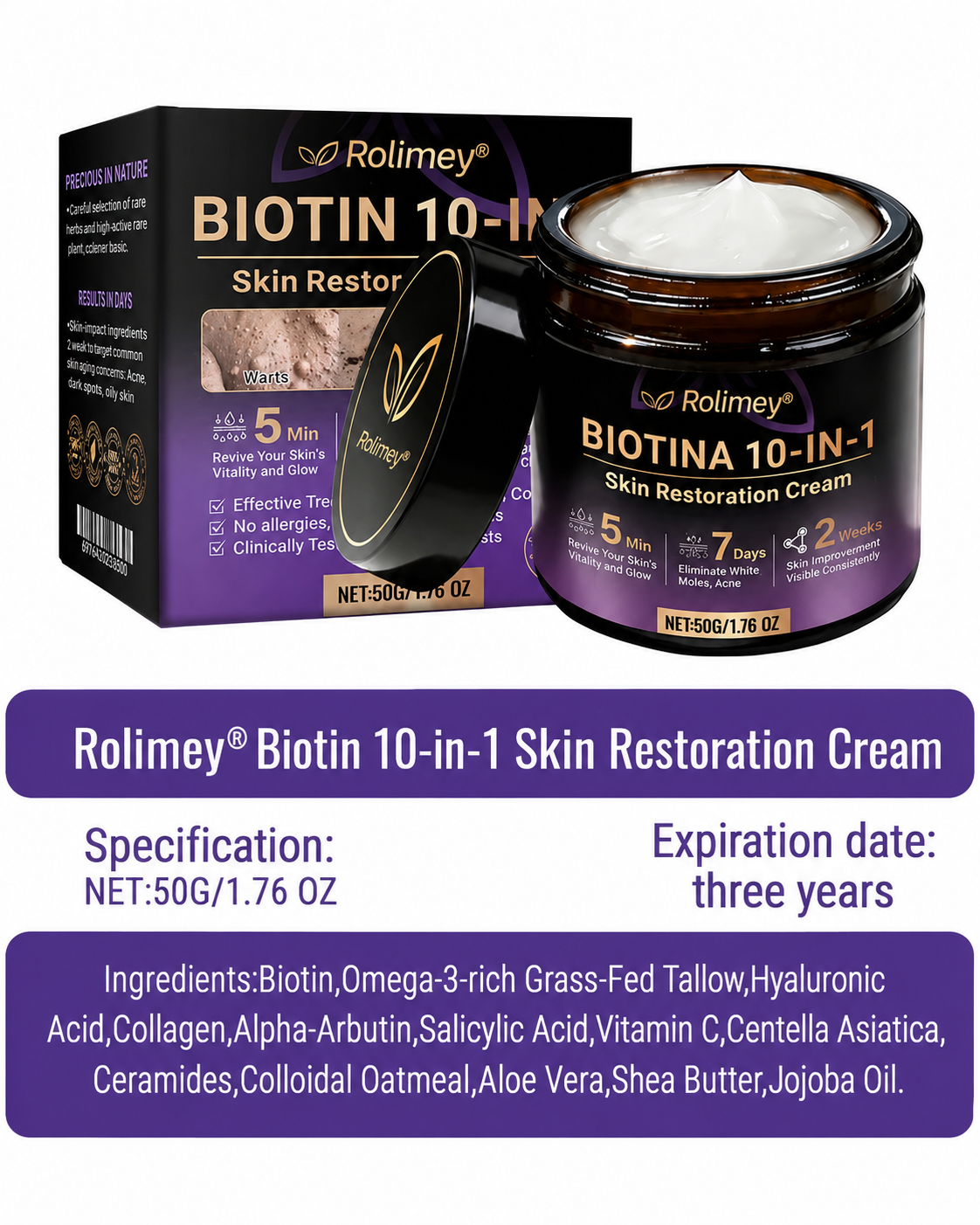 Product shipped from the UK ✨ Rolimey® Biotin 10-in-1 Skin Restoration Cream 🍀