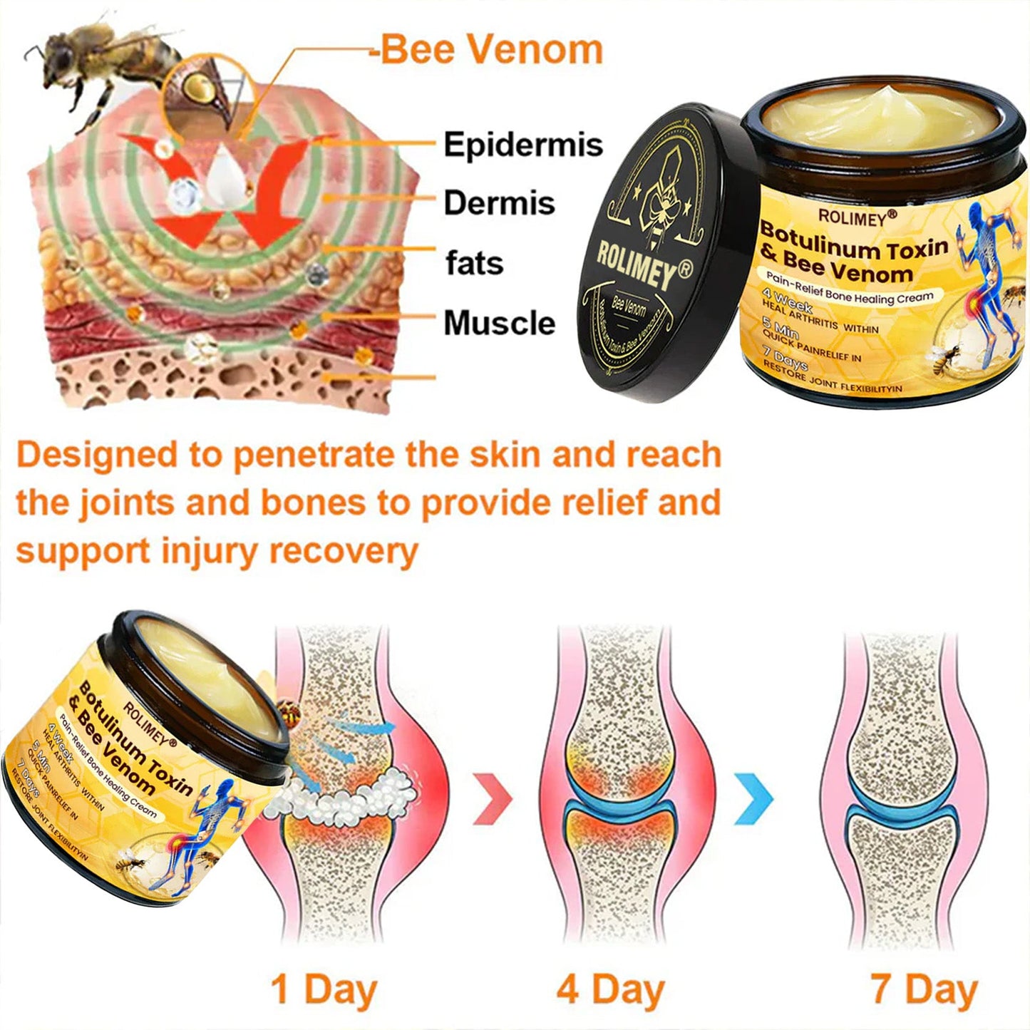 👨‍⚕️Official Shop:Rolimey® Bee Venom Pain Relief Bone Healing Cream 👨‍⚕️(Reduction of joint swelling, pain, stiffness, redness, heat, muscle soreness and joint fatigue)