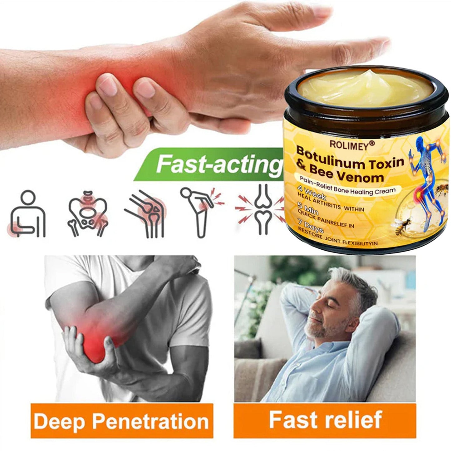 👨‍⚕️Official Shop:Rolimey® Bee Venom Pain Relief Bone Healing Cream 👨‍⚕️(Reduction of joint swelling, pain, stiffness, redness, heat, muscle soreness and joint fatigue)